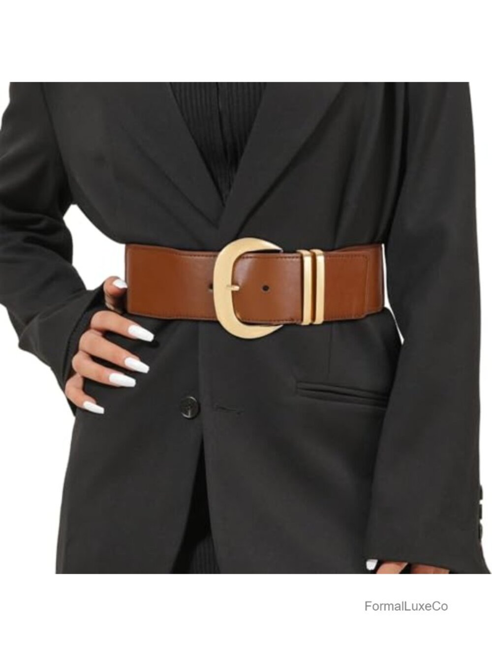 Women's Wide Elastic Waist Belt with Faux Leather and Gold Buckle